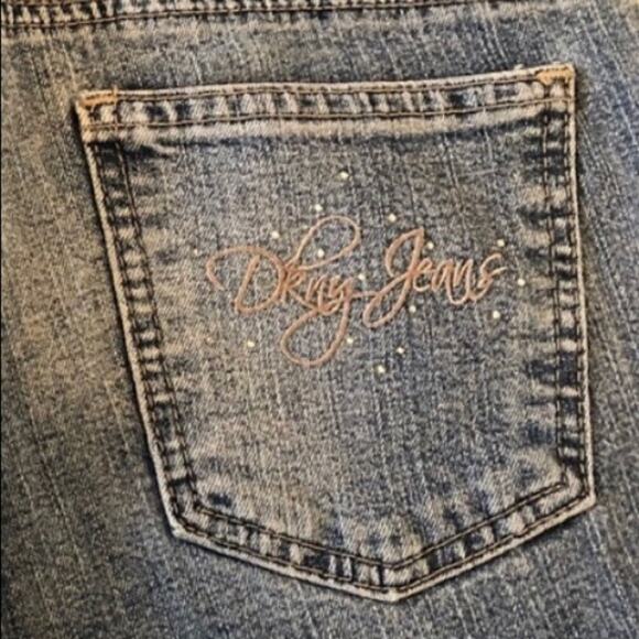 Y2K DKNY Women's Bootcut Denim Jeans with Rhinestone Logo Pockets Size 7 - Picture 2 of 6